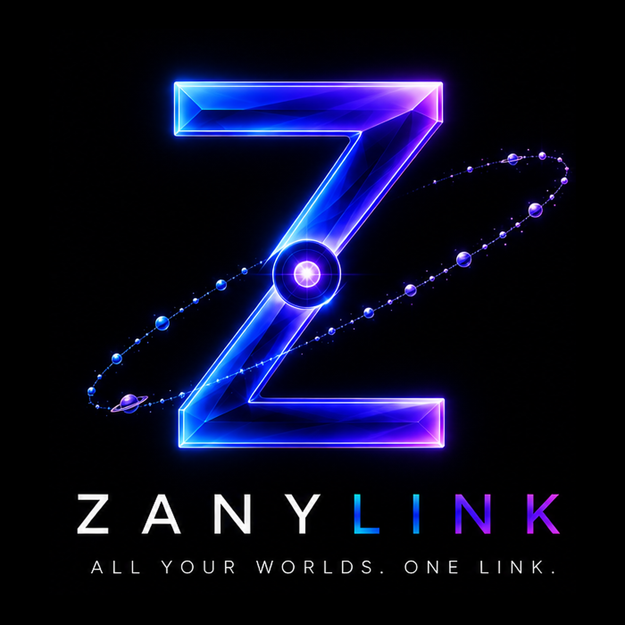 ZanyLink logo — a luminous blue and violet Z with an orbital ring