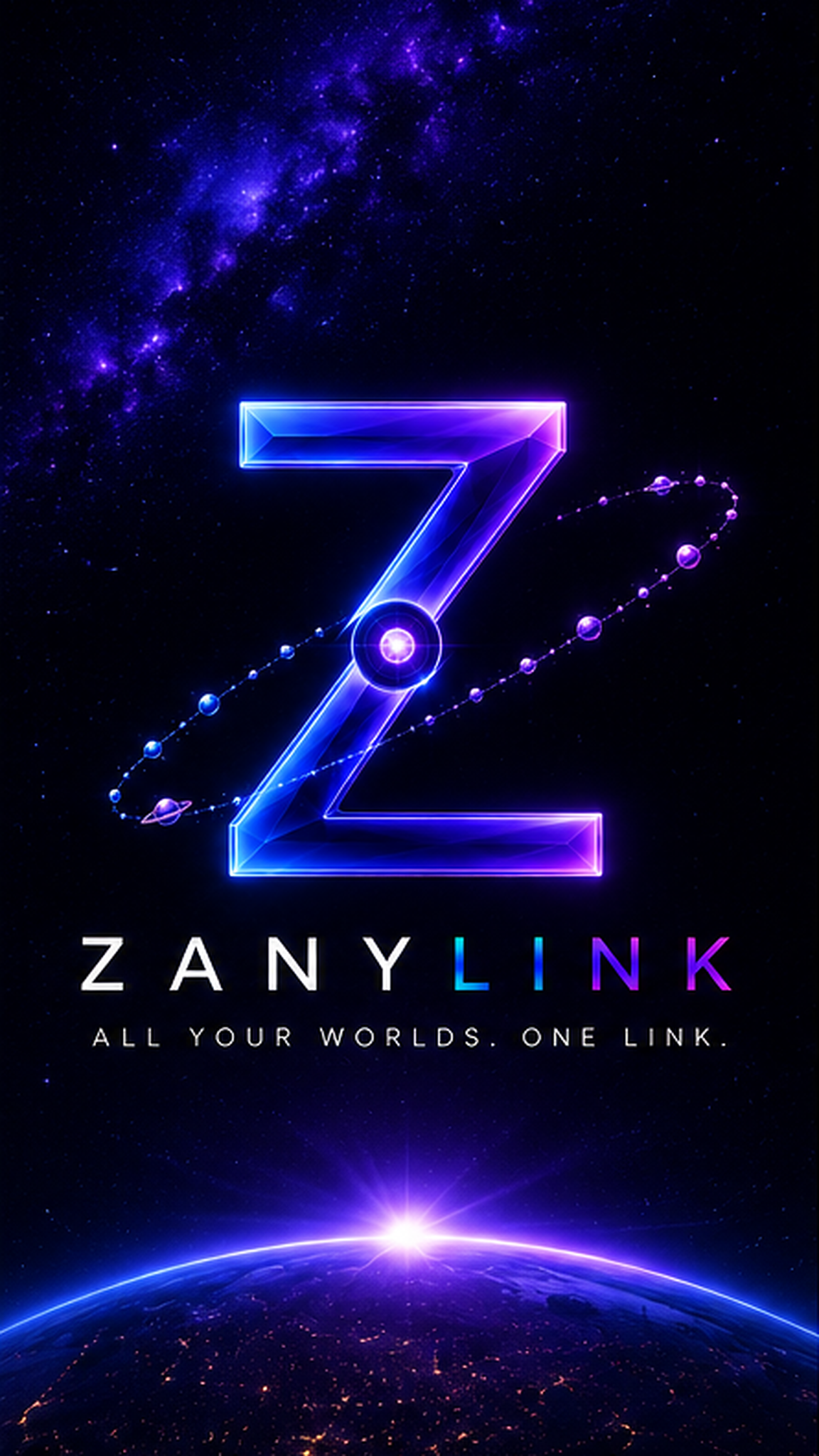 ZanyLink brand artwork with its blue and violet logo above the horizon of Earth